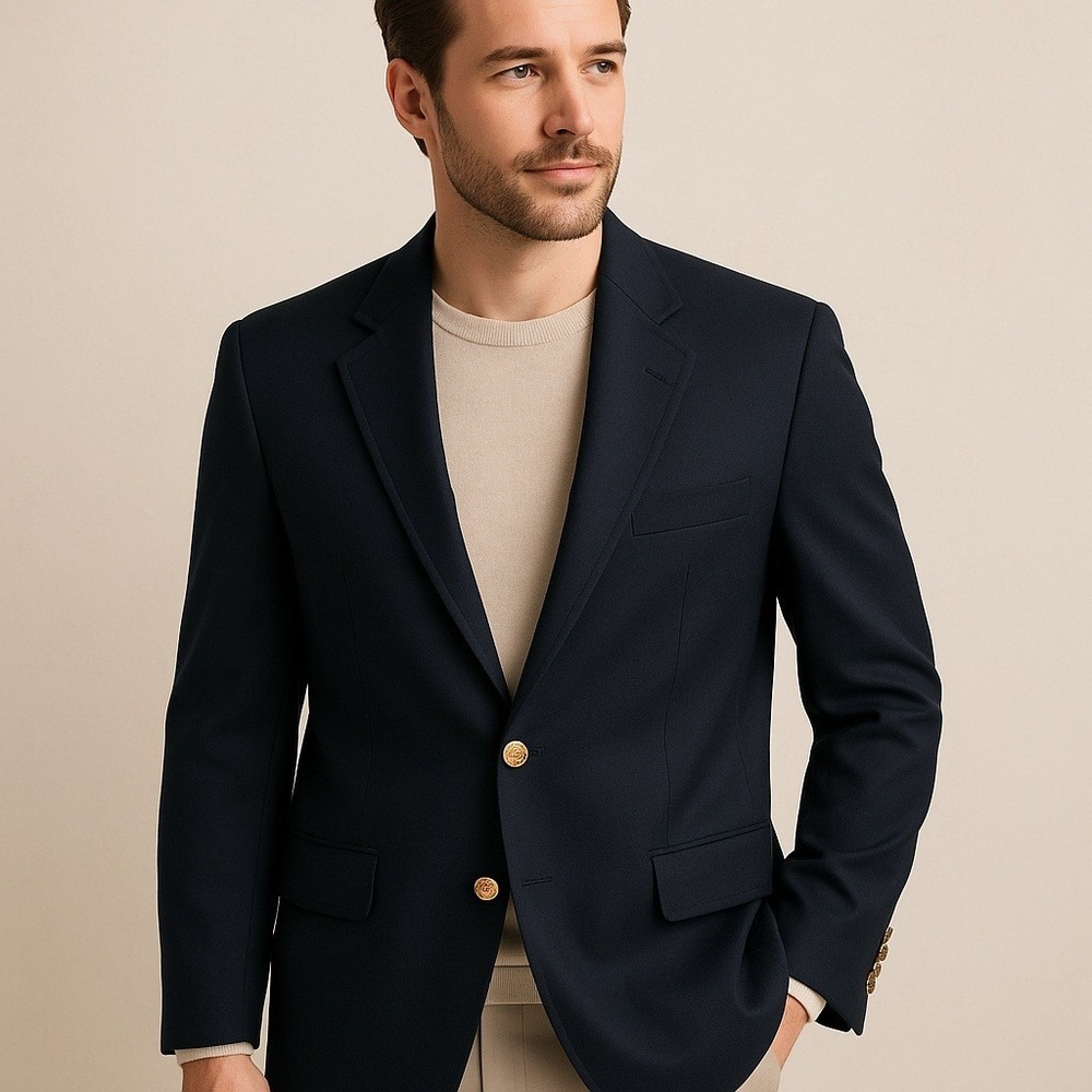 John Weitz Navy Blazer 46R Gold Button Sport Coat Tailored for Elder-Beerman Y2K